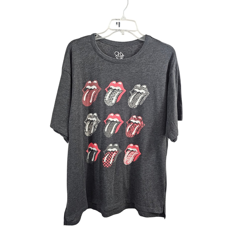 Chaser‎ Rolling Stones Multi Tongue Graphic Tee Charcoal Grey OS Boxy CWA167 EUC